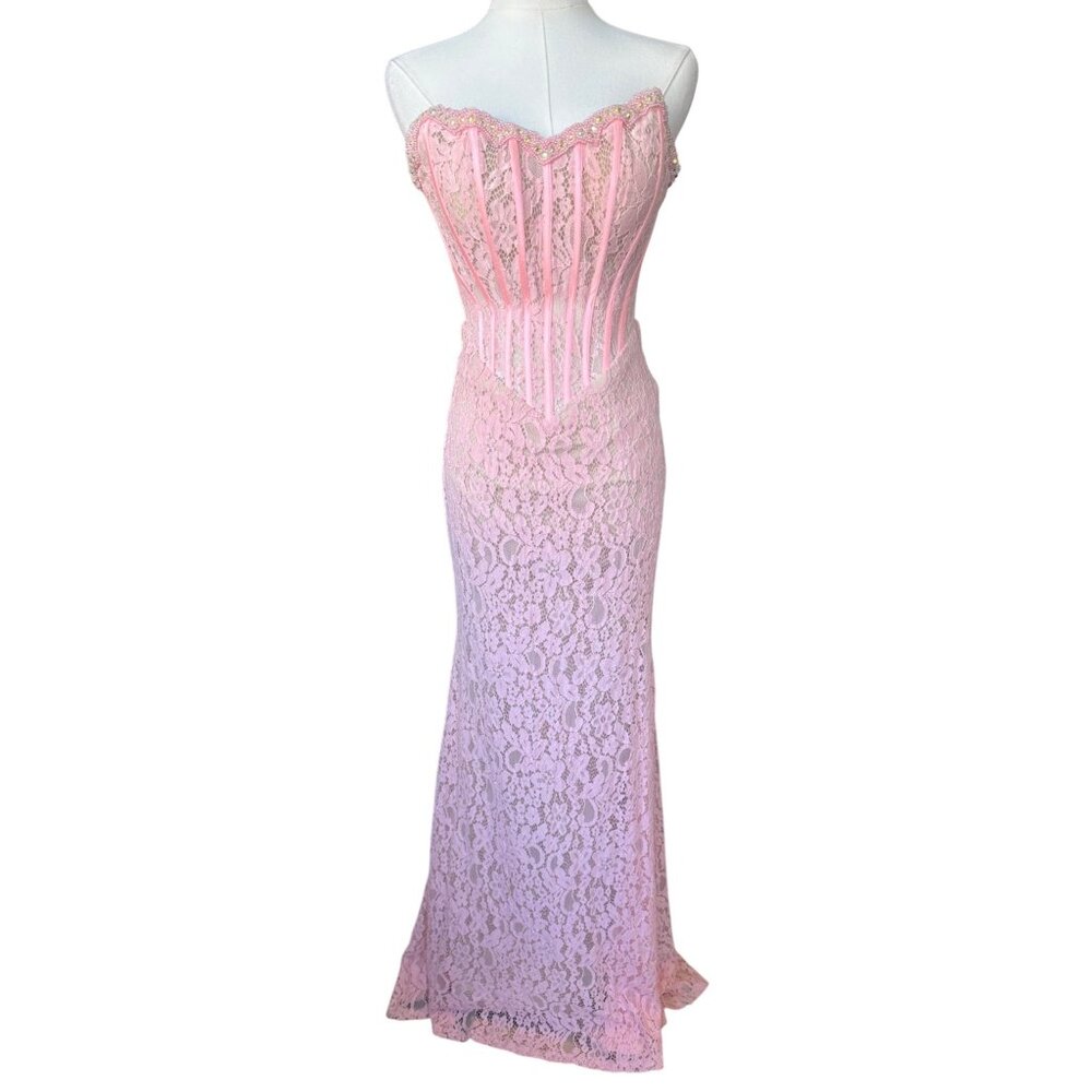 Boutique Y2K Lace Pink Prom Dress Sz 0 Fairy Mermaid Corset Top Strapless Hoco‎
